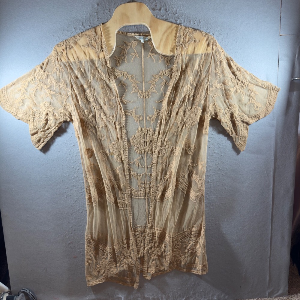 1535 | Sundance Boho Floral Lace Mesh Embroidered Kimono Cardigan Tan Women XS
